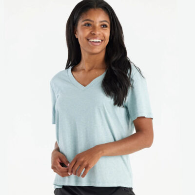 Women’s Bamboo Heritage V Neck Tee – Heather Ocean Mist